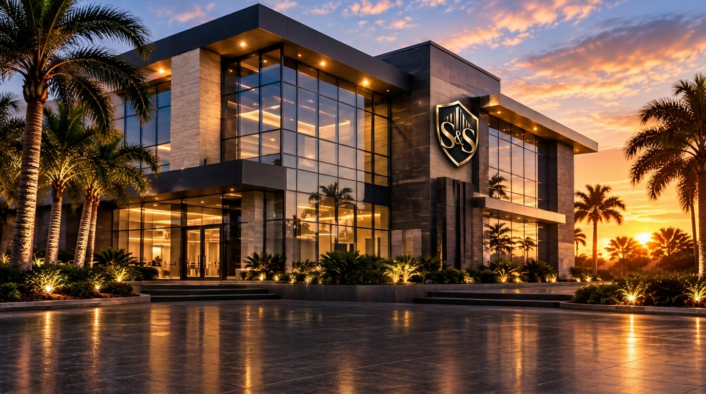Modern completed commercial building at sunset
